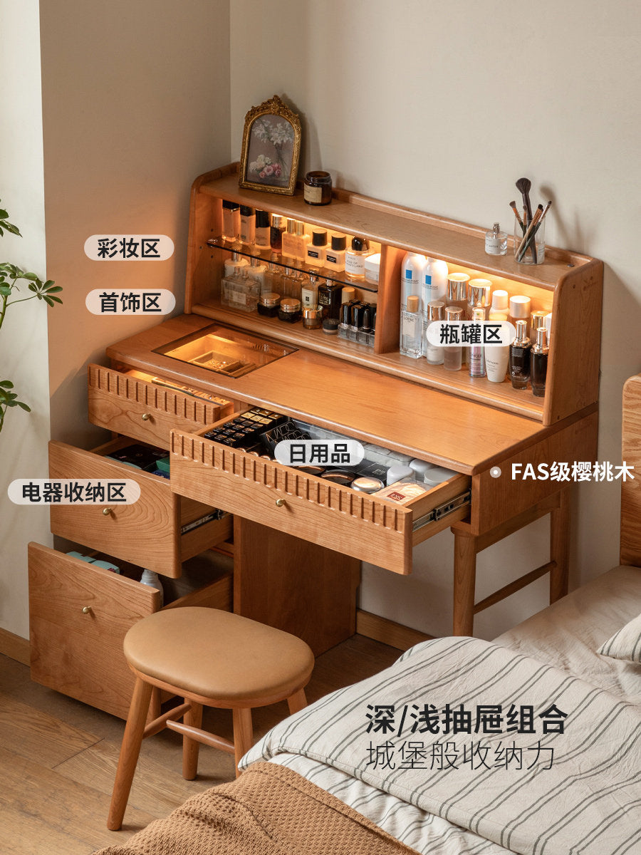 Solid wood minimalist vintage vanity desk with integrated dresser, cherry wood bedroom makeup table furniture